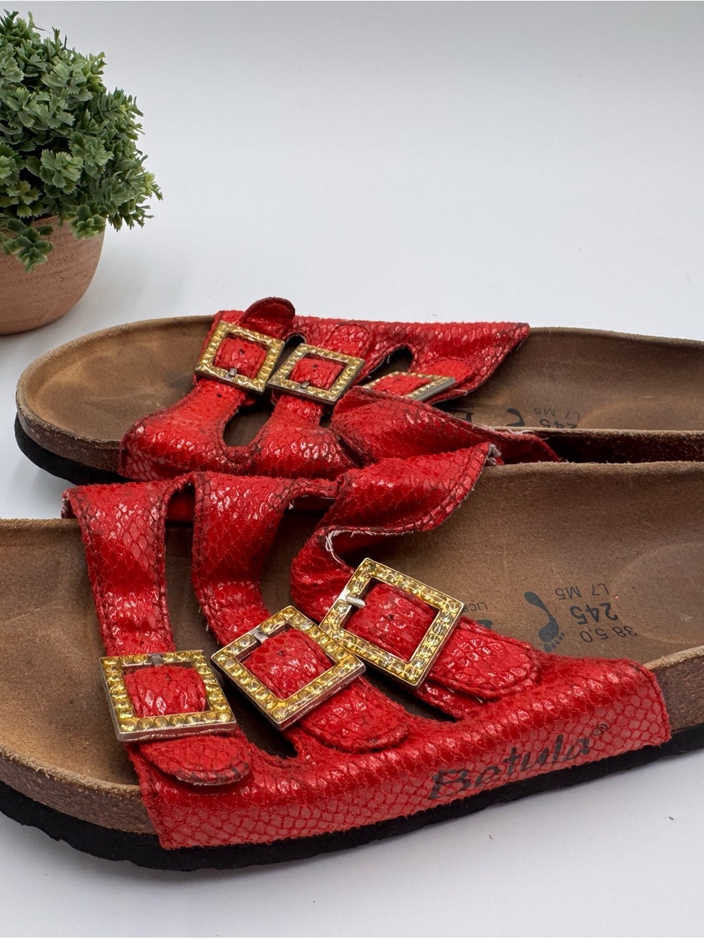 Betula Red Embossed Triple-Buckle Slide Sandals